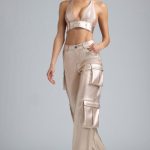 Metallic Denim Cargo Trousers in Champagne - Image 4