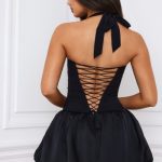 Halterneck Lace-Up Bubble Hem Corset Micro Mini Dress in Black - Image 2