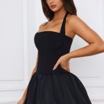 Halterneck Lace-Up Bubble Hem Corset Micro Mini Dress in Black - Image 3