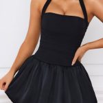 Halterneck Lace-Up Bubble Hem Corset Micro Mini Dress in Black - Image 4