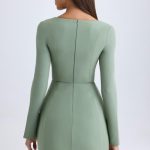 Square-Neck Structured Tulip Mini Dress in Khaki Green - Image 3