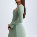 Square-Neck Structured Tulip Mini Dress in Khaki Green - Image 4