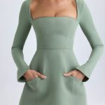 Square-Neck Structured Tulip Mini Dress in Khaki Green - Image 5