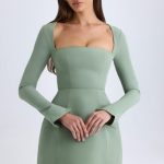 Square-Neck Structured Tulip Mini Dress in Khaki Green - Image 6