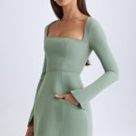 Square-Neck Structured Tulip Mini Dress in Khaki Green - Image 7