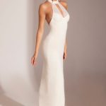 Embellished High Neck Keyhole Cut Out Evening Gown in White - Image 3