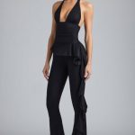Tall Metallic Ruffle Low-Rise Flared Trousers in Black
