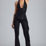 Tall Metallic Ruffle Low-Rise Flared Trousers in Black - Image 3