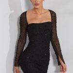 Long Sleeve Embellished Corset Mini Dress in Black