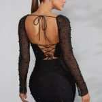 Long Sleeve Embellished Corset Mini Dress in Black - Image 2