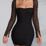 Long Sleeve Embellished Corset Mini Dress in Black - Image 4