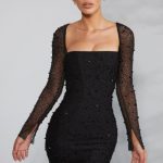 Long Sleeve Embellished Corset Mini Dress in Black - Image 8
