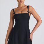 Bow-Detail Pleated A-Line Mini Dress in Black