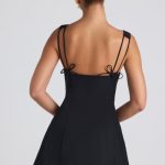 Bow-Detail Pleated A-Line Mini Dress in Black - Image 3
