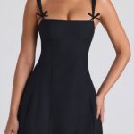 Bow-Detail Pleated A-Line Mini Dress in Black - Image 6