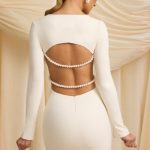 Pearl-Detail Cut-Out Mini Dress in Ivory - Image 2