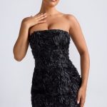 Floral-Appliqu?? Bandeau A-Line Mini Dress in Black