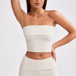 Bandeau Chunky Knit Crop Top in Cream - Image 6