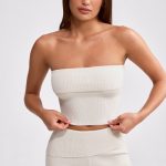 Bandeau Chunky Knit Crop Top in Cream - Image 8
