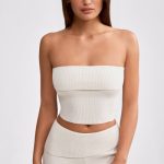 Bandeau Chunky Knit Crop Top in Cream - Image 9