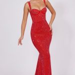 Embellished Corset Fishtail Evening Gown in Fire Red