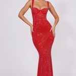 Embellished Corset Fishtail Evening Gown in Fire Red - Image 6