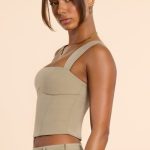 Brushed Twill Square Neck Tailored Top in Taupe - Image 3