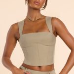 Brushed Twill Square Neck Tailored Top in Taupe - Image 6
