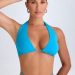 Plunge Hardware-Detail Halterneck Crop Top in Aqua Blue - Image 4