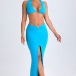 Plunge Hardware-Detail Halterneck Crop Top in Aqua Blue - Image 6
