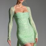 Embellished Draped Cowl-Neck Mini Dress in Pistachio