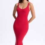 Plunge Open-Back Midaxi Dress in Cherry Red