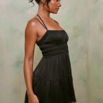 Shirred Bodice A-Line Mini Dress in Black - Image 3