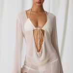 Pearl-Detail Cowl-Neck Micro Mini Dress in Pearl White