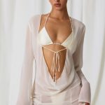 Pearl-Detail Cowl-Neck Micro Mini Dress in Pearl White - Image 6