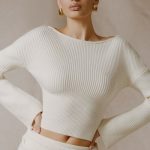 Ribbed-Knit Slash-Neck Top in Ivory