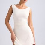 Off-Shoulder Cowl-Back A-Line Mini Dress in Ivory