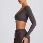Ribbed Modal Long-Sleeve Crop Top in Charcoal Grey - Image 3