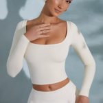 Rounded Square Neck Long Sleeve Top in Ivory