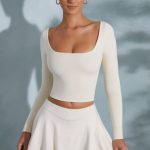 Rounded Square Neck Long Sleeve Top in Ivory - Image 11