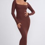 Ribbed Modal Long Sleeve Maxi Dress in Chocolate - Image 4
