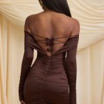 Bow-Detail Off-Shoulder Mini Dress in Chocolate Brown - Image 2