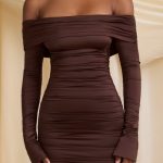 Bow-Detail Off-Shoulder Mini Dress in Chocolate Brown - Image 4