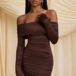 Bow-Detail Off-Shoulder Mini Dress in Chocolate Brown - Image 8