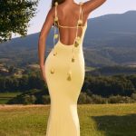 Slinky Jersey Floral-Appliqu???Gown in Pastel Yellow