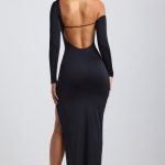 Slinky Jersey Asymmetric Ruched Hardware Detail Maxi Dress in Black - Image 2