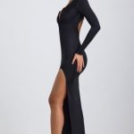 Slinky Jersey Asymmetric Ruched Hardware Detail Maxi Dress in Black - Image 3