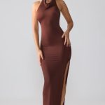 Premium Jersey Cowl Neck Backless Maxi Dress in Espresso