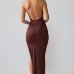 Premium Jersey Cowl Neck Backless Maxi Dress in Espresso - Image 2