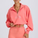 Quarter-Zip Cropped Sweatshirt in Coral